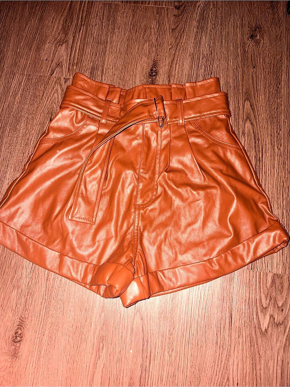 SHEIN Brown Faux Leather Paperbag Waist Belted Shorts Size XS